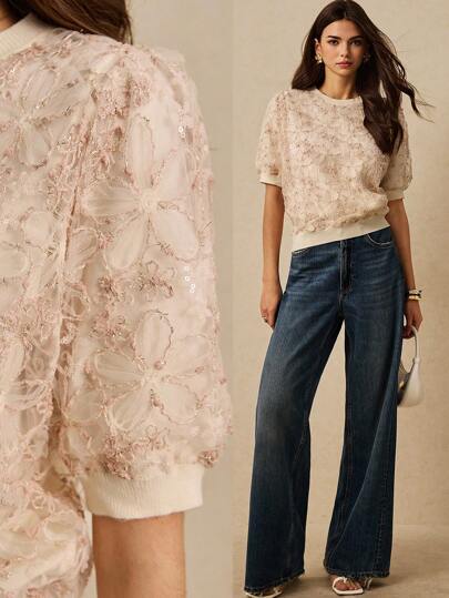 Poéselle Embroidered Top, Delicate And Elegant Sweater, Knitted Top,Summer Women,Festival,Women's Elegant Sequin Floral Puff Sleeve Sweater,Suitable For Daily, Street, Holiday, Commuting And Other Occasions To Wear In Fall/Winter