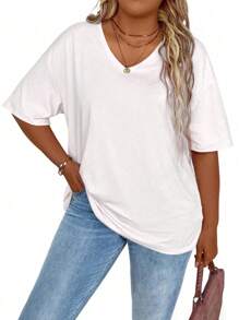 SHEIN CURVE+ Camiseta holgada de talla grande para mujer con cuello en V y hombros caídos, de unicolor - Blanco - Ver 4