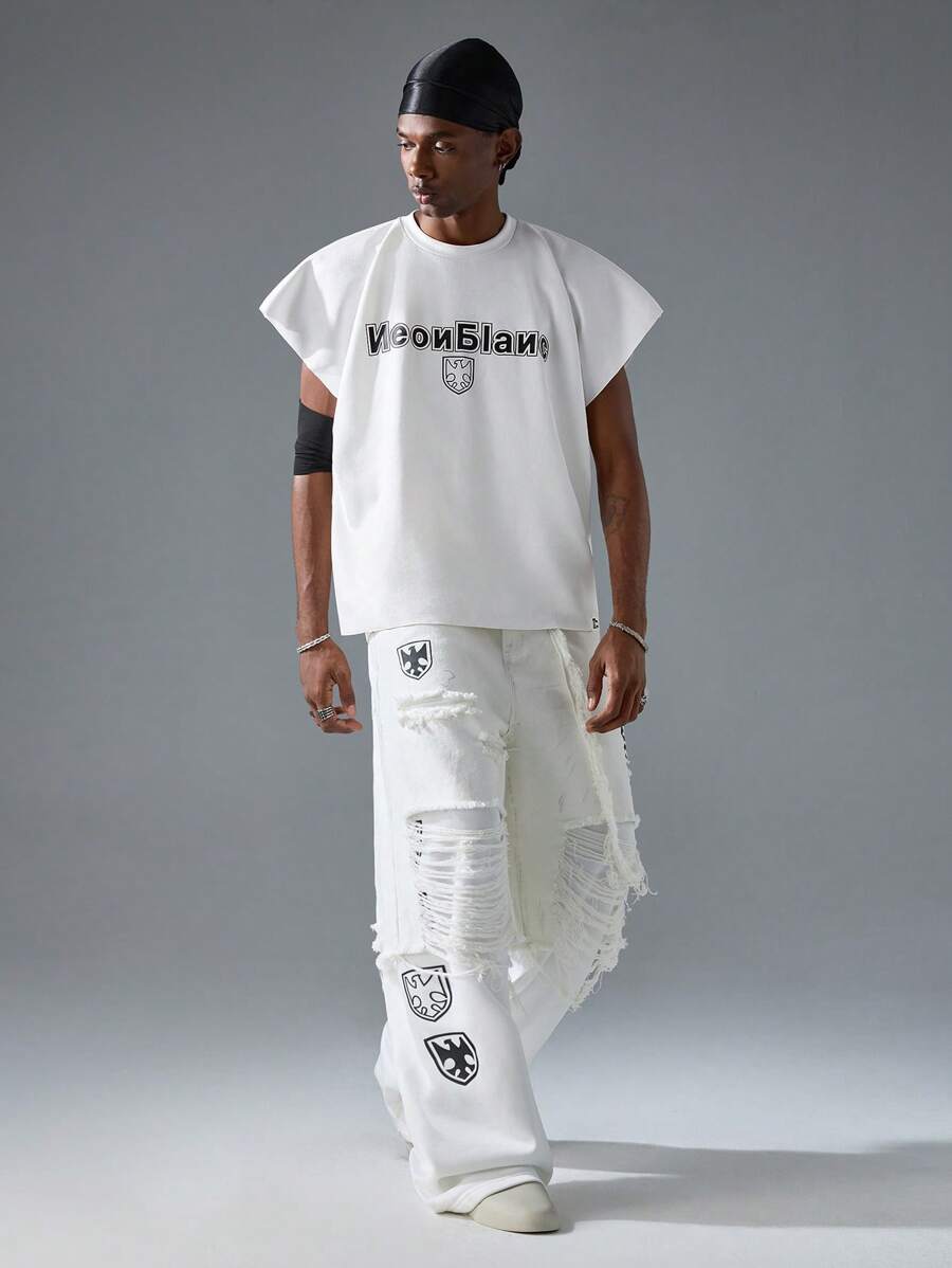 NEON BLANC 男士街头时尚字母印花针织宽松圆领插肩袖休闲 T 恤 - 白色 - 查看 1