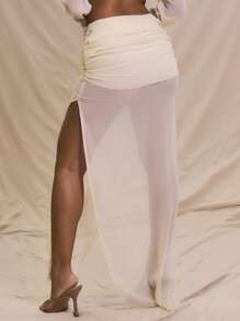 MUSERA Chiffon Ruched Split Thigh Maxi Skirt Summer Vacation  Party - Khaki - View 4