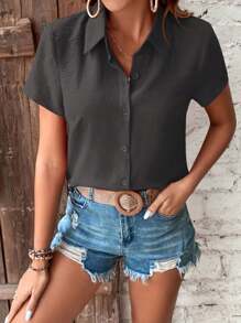 EMERY ROSE Women Short Sleeve Solid Color Shirt, Simple And Fashionable, Suitable For Summer - Grey - View 5