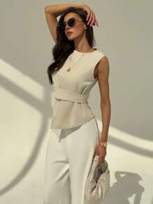 Aloruh Minimalist Crew Neck Sleeveless Ruched Waist Apricot Women Blouse For Commuting