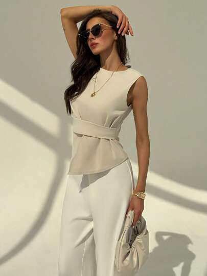 Aloruh Minimalist Crew Neck Sleeveless Ruched Waist Apricot Women Blouse For Commuting Pretty Blouses Young Women Elegant Women's Blouse Elegant Women's Blouse