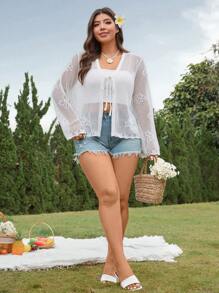 SHEIN LUNE Plus Size Women Open Front Tie-Up Loose Knit Cardigan With Hollow Design - White - View 5