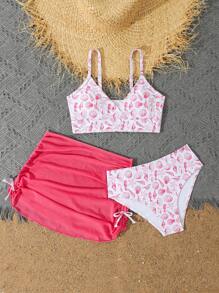 SHEIN 3pcs/Set Tween Girl Printed Tankini Swimwear - Hot Pink - View 4