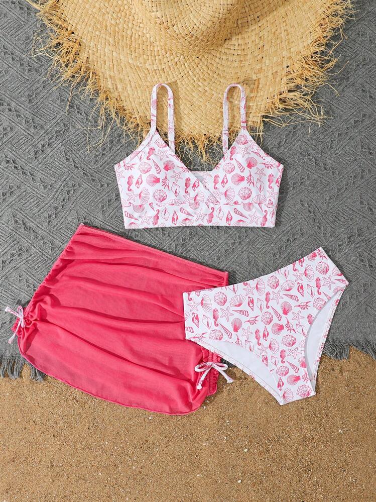 SHEIN Set de 3 piezas Traje de baño tipo tankini con estampado para niña preadolescente - Rosa Fucsia - Añade 4