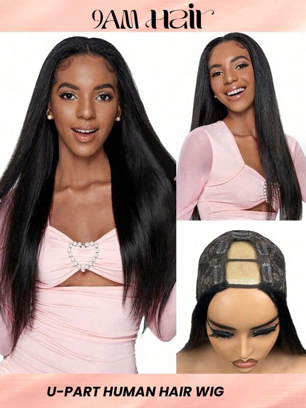 Perruque droite U Part 150% densité perruques de cheveux humains 24 pouces noir naturel haute température pour femmes human hair