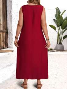 EMERY ROSE Plus Size Women Solid Color Sleeveless Casual Shift Dress With Pockets,Spring/Summer/Vacation - Burgundy - View 3