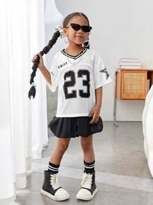 SHEIN Leap Crew Young Girl 2 Pieces Set: Loose Numeric Print Woven Top And Solid Colored Woven Mini Skirt - Black and White - View 7