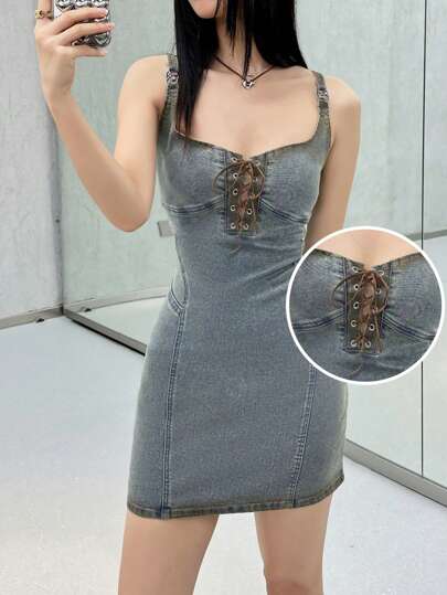 SHEIN EZwear 女士牛仔无袖紧身连衣裙，休闲风格，蓝色