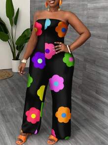 Slaydiva 休闲简约花卉印花露肩连体裤，一体式阔腿裤，加大码 - 彩色 - 查看 8
