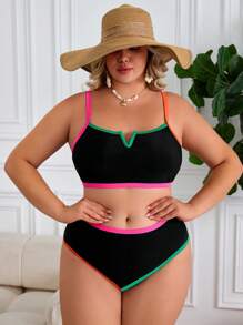 SHEIN CURVE+ Plus Size Women Sexy Two Pieces Bikini Set Set, Halter Bikini Top And Bottom, Summer Holiday