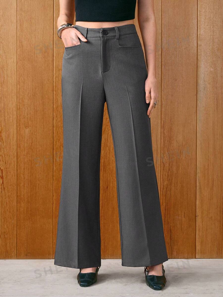 Uhlyne Pantalones de tela acampanados de diseño minimalista con bolsillos para mujer, de uso casual y de negocios