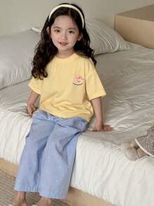 Dazy Kids 女孩年轻女孩秋季服装套装：圆领针织全身印花短袖 T 恤 + 全身印花长裤家居服 - 黃色 - 查看 7