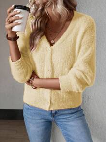 Calvaya Women's Solid Color Long Sleeve Single-Breasted Mink Hair Cropped Cardigan Fall Winter Cloth For Women - Yellow - View 4