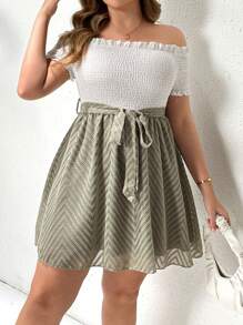 SHEIN Essnce Plus Size Women Spring/Summer White & Green Contrast Color Off-Shoulder Mesh Long Dress - Multicolor - View 4