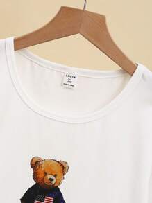 青少年男孩睡衣套装，白色底衣，可爱熊印花，圆领短袖上衣 + 宽松长裤，休闲家居服 - 彩色 - 查看 6