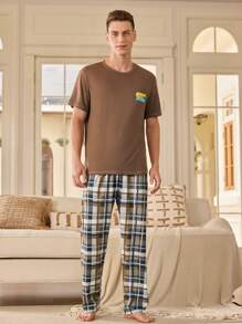 Manfinity Underwear&Sleepwear Basics Conjunto casual en casa de camiseta de cuello redondo de manga corta y pantalón a cuadros para hombre