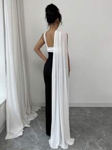 Rafferiza Elegantes Damen Kleid mit Kontrast in Schwarz & Weiß, Elastisch, Mesh-Raffung am Saum, Lang für Frühling/Sommer - Schwarz und Weiss - Übersicht 2