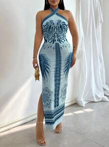 Chiquease Vestido elegante para mujer con escote halter, cintura anudada y abertura alta con estampado, para vacaciones - Azul - Ver 6