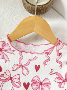 SHEIN 2 件套女婴幼儿 0-3 岁新品，可爱甜美休闲日常图案蝴蝶结罗纹针织圆领长袖修身 T 恤上衣和紧身裤，适合家居穿着 - 彩色 - 查看 8