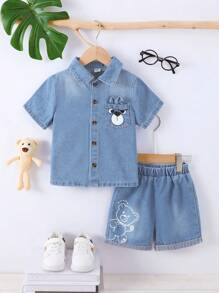 2 件套 男童休闲翻领花纹衬衫 + 牛仔短裤套装