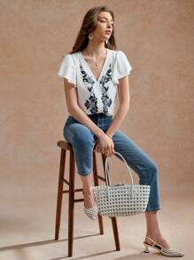 Écloséra 女士休闲 V 领花卉荷叶边袖宽松衬衫 - 彩色 - 查看 3