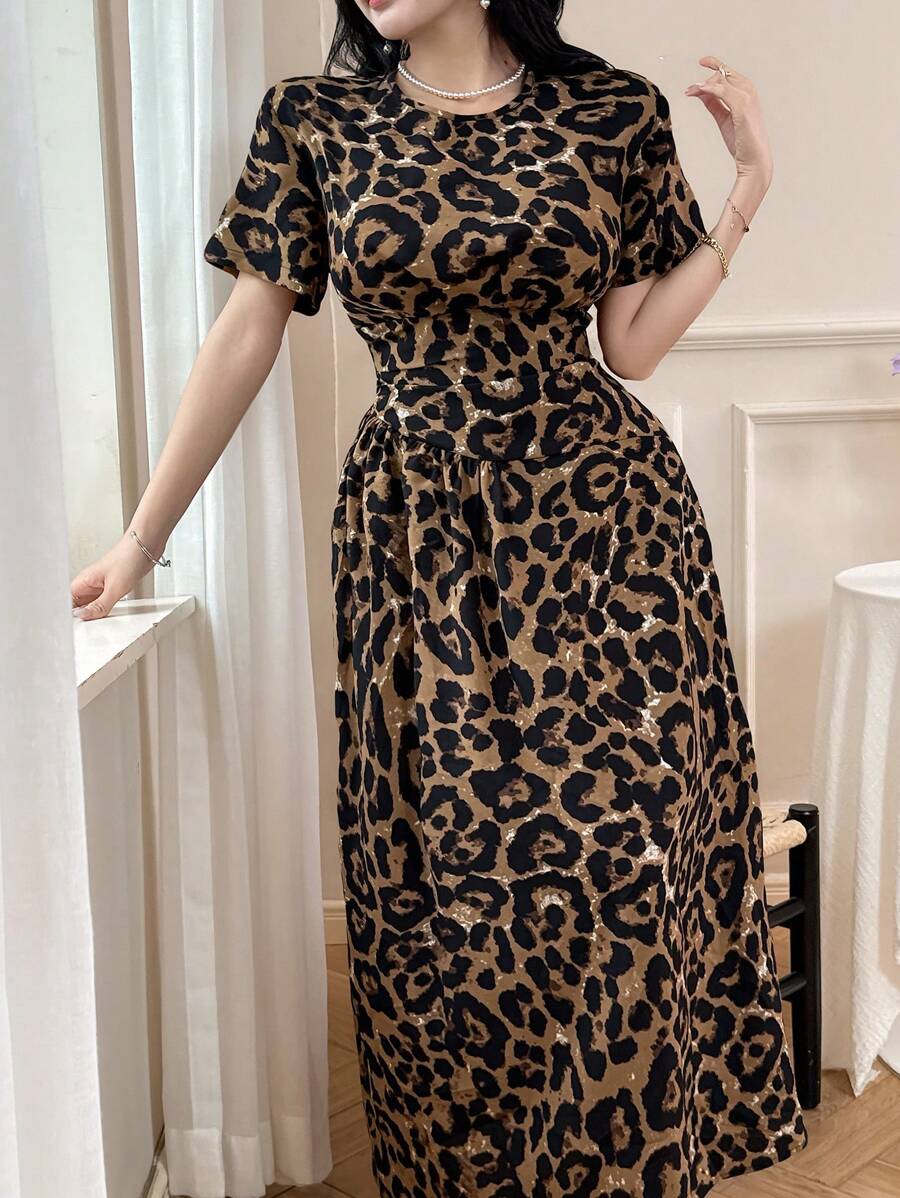Women Leopard Print Round Neck Short Sleeve Elegant Dress Leopard Dress
