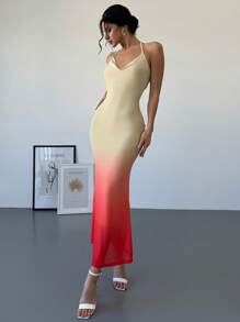 Firerie Valentine's Day New Style Women's Spring Summer Elegant Date/Holiday Sexy Gradient Color Tie Dye Plunge Neckline Open Back Tie Sheer Mesh Bodycon Slip Maxi Dress Concert Rave Outfit Women