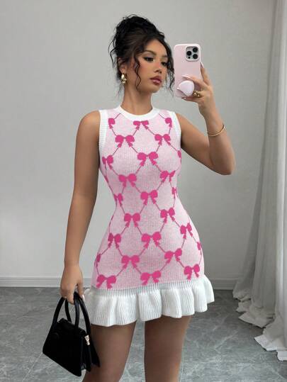 Elenzga Stylish Unique Sleeveless Bowknot Ruffle Hem Women Sweater Dress