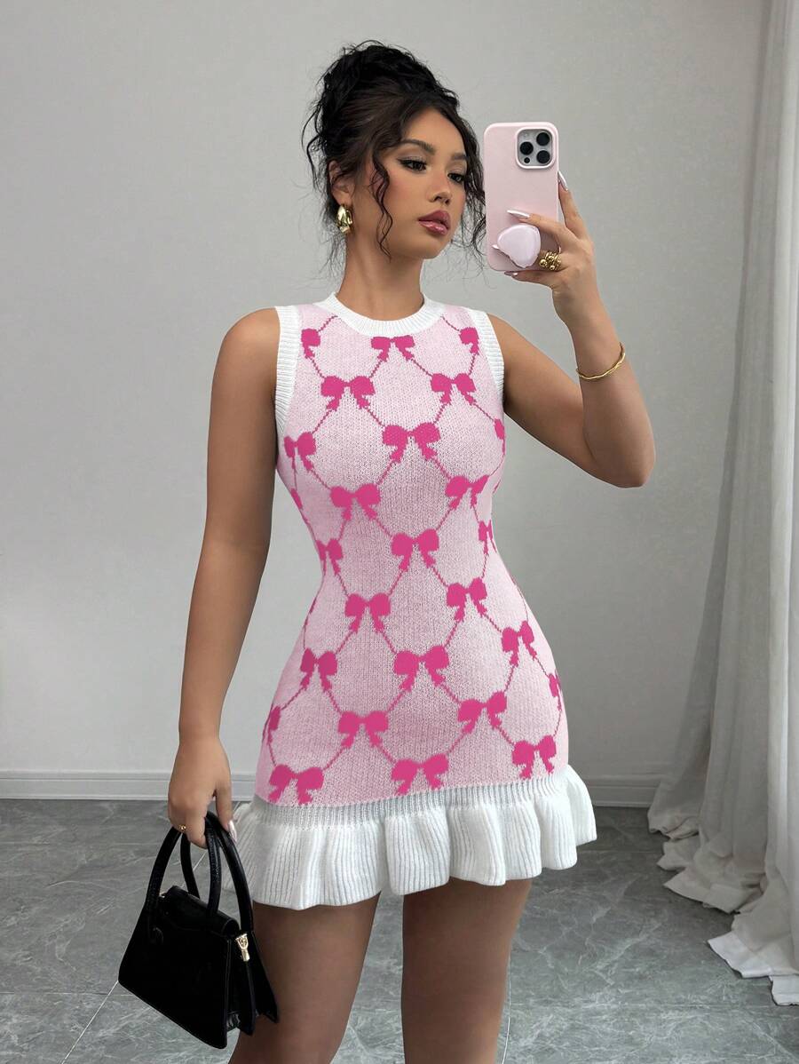 Elenzga Stylish Unique Sleeveless Bowknot Ruffle Hem Women Sweater Dress