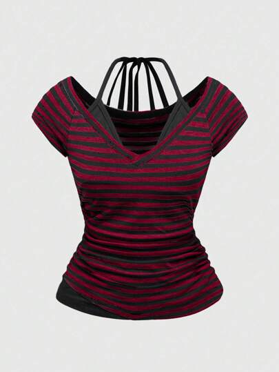 Grunge Punk Camiseta de verano de estilo Y2K sexy para mujer, con cuello en V, a rayas, de color contrastante, con lazo y nudo de corbata