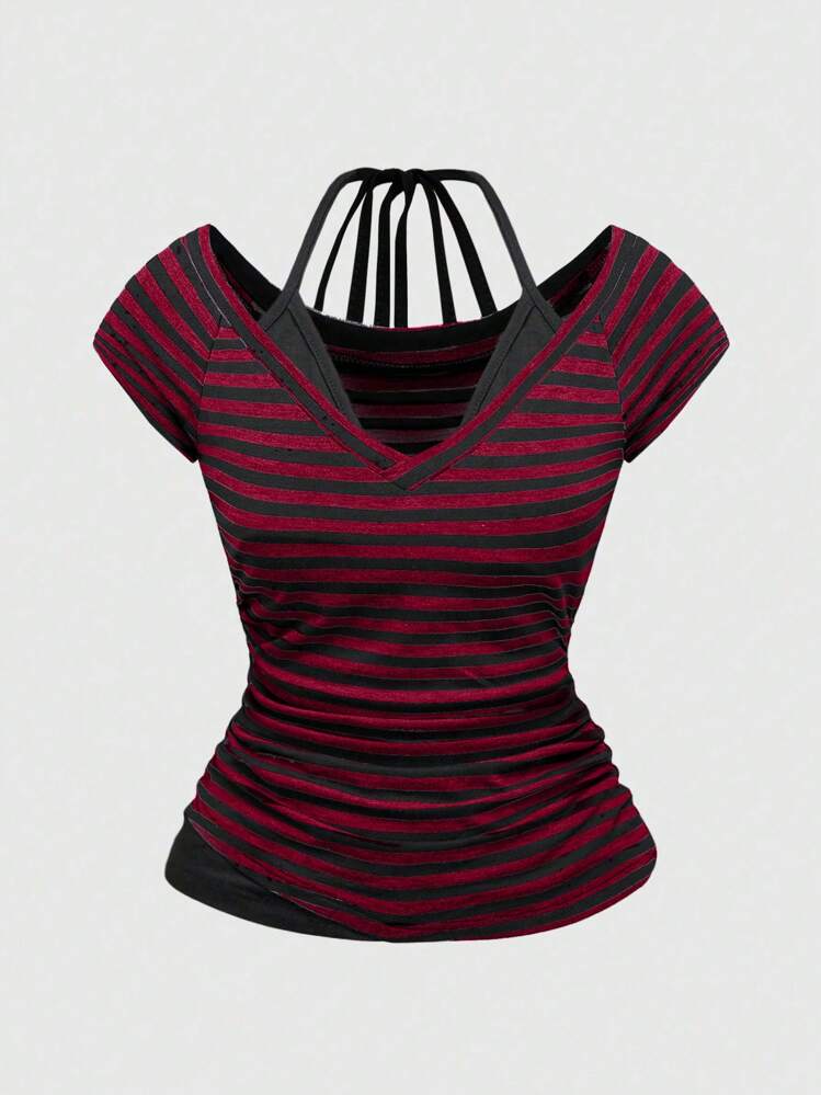 ROMWE Grunge Punk Camiseta de verano de estilo Y2K sexy para mujer, con cuello en V, a rayas, de color contrastante, con lazo y nudo de corbata