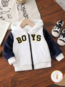 Chaqueta casual con capucha de manga larga con contraste de color y bordado de letra de peluche para bebé niño - Azul y blanco - Ver 1