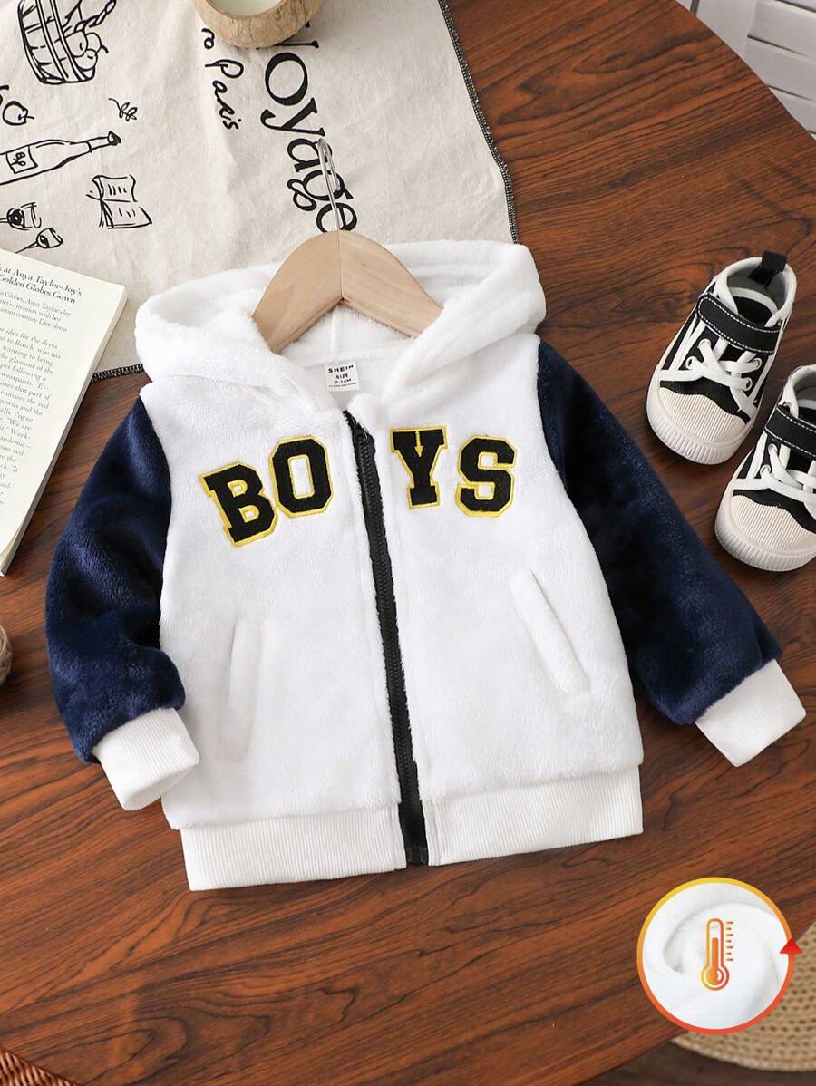 Chaqueta casual con capucha de manga larga con contraste de color y bordado de letra de peluche para bebé niño - Azul y blanco - Ver 1