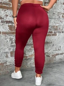 EMERY ROSE 大码女式高腰褶皱休闲紧身裤 - 酒紅色 - 查看 2