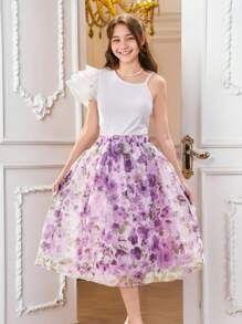 2pcs/Set Elegant Purple Ditsy Floral Sleeveless Top And Mini Skirt Set, Fashion Design For Teens - White - View 1