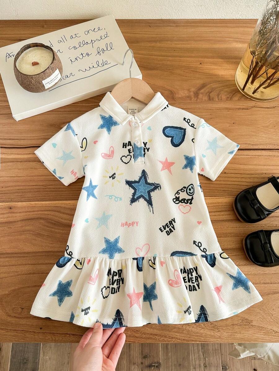 SHEIN Baby Girl Cute Cartoon Pattern Knitted Short Sleeve Dress, Summer - Hot Pink - View 1