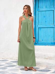 Vivid Eden Solid Color Woven Halter Dress For Women,S,For Summer Beach Vacation,Casual Style,Festival,Vacation Dress,Summer Outfits For Women,Beach Outfits For Women