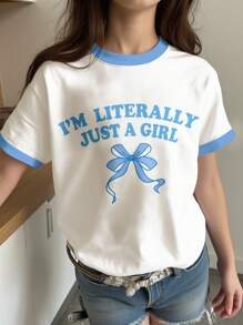 SHEIN Leap Crew Tween Girl Casual Cute Sea Blue Letter Graphic Short Sleeve Crew Neck T-Shirt, Suitable For Summer - Multicolor - View 1