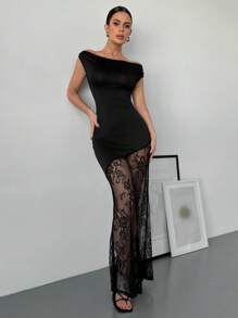 Firerie 女士优雅浪漫时尚办公室女士性感优雅风格连衣裙，适合派对、度假、浪漫约会和婚礼生日场合情人节。黑色蕾丝拼接长裙 - 黑色 - 查看 1