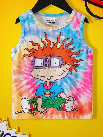 Nick 90s | SHEIN 年轻男孩彩色扎染休闲无袖卡通图案背心
