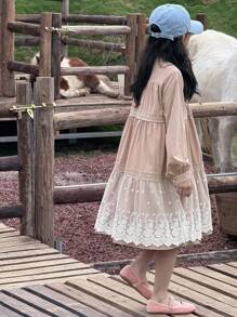 DAZY Tween Girls Mid-Long A-Line Lace Patchwork Solid Color Princess Round Neck Long Sleeve Tween Girl Dress Vacation - Pink - View 7