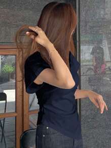 DAZY Women's Form-Fitting Asymmetric Hem Cinched-Waist T-Shirt Summer - Navy Blue - View 6