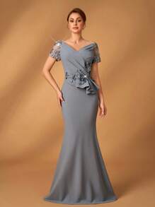 Serin Mùa hè thanh lịch lộng lẫy lãng mạn màu xám đậm sequin thêu khâu co giãn dệt kim trễ vai tay ngắn sequin sang trọng thiết kế đính kết viền đuôi cá mỏng khâu bèo nhún không đối xứng thích hợp cho tiệc tối tiệc độc thân khiêu vũ ngày lễ đám cưới sự kiện tiệc tối váy cô dâu mẹ - Xám - Xem 6