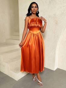 BamGleam Women Elegant Solid Color Waist-Cinched Slip Dress - Burnt Orange - View 6