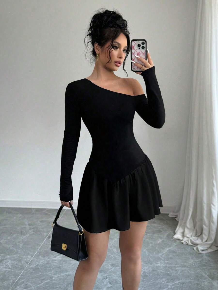 Chiquease Women's Asymmetric Sleeve Patchwork Mini Dress, Spring & Autumn - Black - View 1