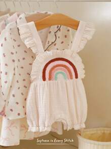 Cozy Pixies Newborn Baby Girl Rainbow Pattern Square Neck Ruffled Romper - White - View 8