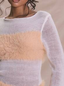 MUSERA Long Sleeve Knitted Fluffy Panel Mini Long Sleeve Dress Elegant Boho Summer - Pink - View 4