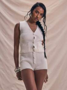 MUSERA Fitted Cropped Knitted Button Waistcoat Crop Top Spring Summer Holidays Soft Serve Airport Bridal Bachelorette Hen Do Wedding - Apricot - View 1